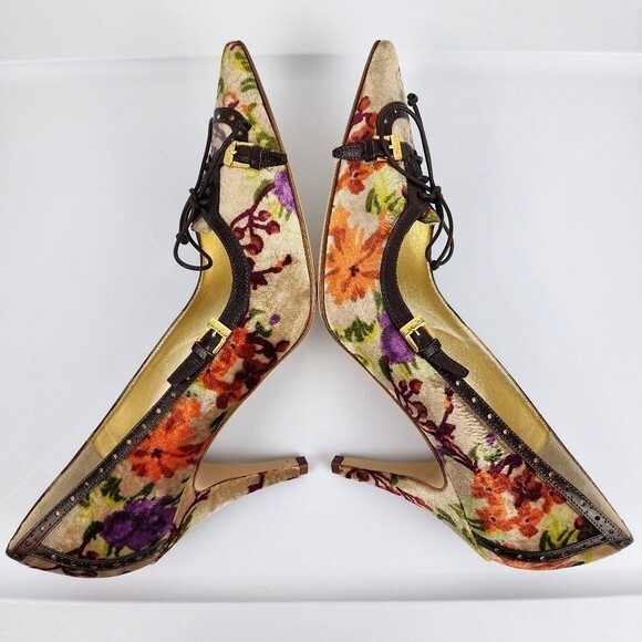 Etro Floral Velvet Pumps High Heels Shoes Buckles Lace-up Size 40 EU / 9.5 US - Picture 6 of 14